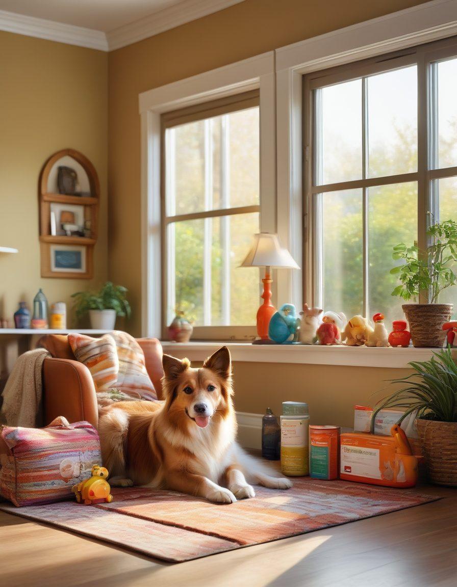A cozy home environment featuring various pets, including a dog and a cat, being cared for by a loving owner. Illustrate a pet safety kit with items like a first aid kit, food, and toys next to them. Add a warm, inviting light and a backdrop of a beautiful garden to evoke a sense of safety and comfort. super-realistic. vibrant colors. warm tones.