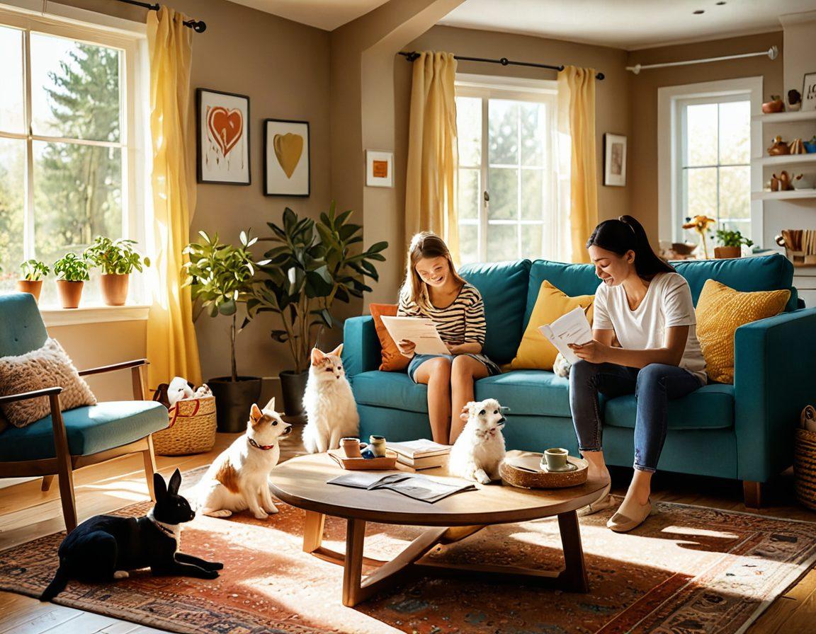 A cozy home scene featuring a family with different pets (a dog, a cat, and a rabbit) playing together in a sunlit living room, showcasing love and care. Include elements like pet insurance documents on a coffee table and vibrant toys scattered around, reflecting a friendly and safe environment. Emphasize warmth and togetherness. super-realistic. vibrant colors. warm lighting.